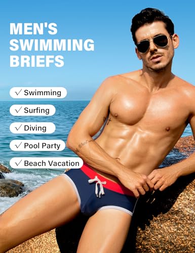 Men's Swim Briefs - Contrast Color Bikini Swimsuit, Medium Navy Blue