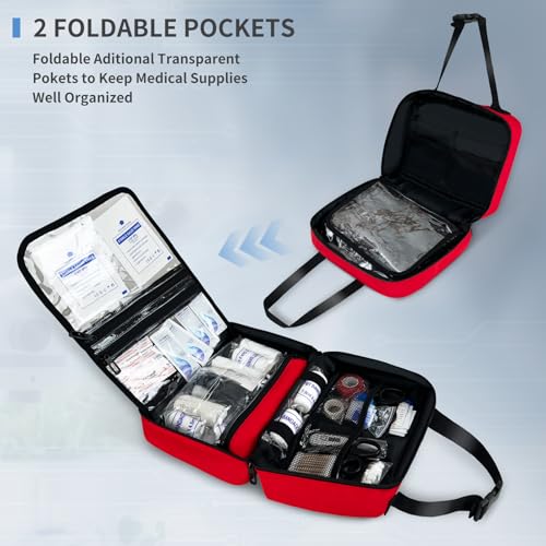 Portable First Aid Bag - Emergency Trauma Kit with Reflective Strips - Red
