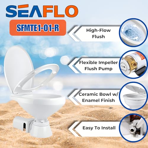SEAFLO 12V Electric Marine Toilet - Large Size, Corrosion Resistant, Soft Close Seat, Built-In Backflow Preventer, Model SFMTE1-01-R - Regular
