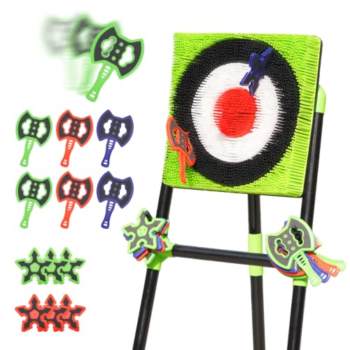 Green Axe Throwing Game Set with Bristle Target & 12 Axes for Indoor Outdoor Backyard Kids & Adults - Variation: 6 Star
