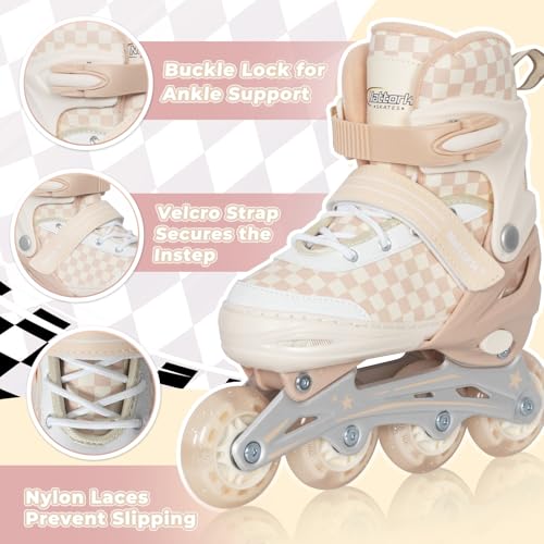 Nattork Kids & Teens Adjustable Inline Skates with Illuminating Wheels, Checkerboard Design, Khaki, Medium (1-4 US)
