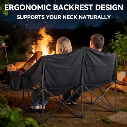 Qucamous Oversized Double Camping Chair Loveseat XL Black & Grey - Heavy Duty, Water-Resistant, 600LBS Capacity
