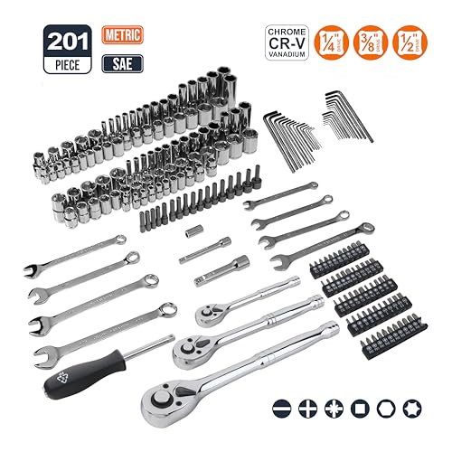 Mechanic's 201-Piece Socket Tool Set with Case - SAE & Metric, Chrome-Vanadium Steel, Black and Silver