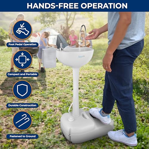 SereneLife 5 Gal Portable Hand Washing Station with Hands-Free Foot Pump, Soap Dispenser & Drain Hose