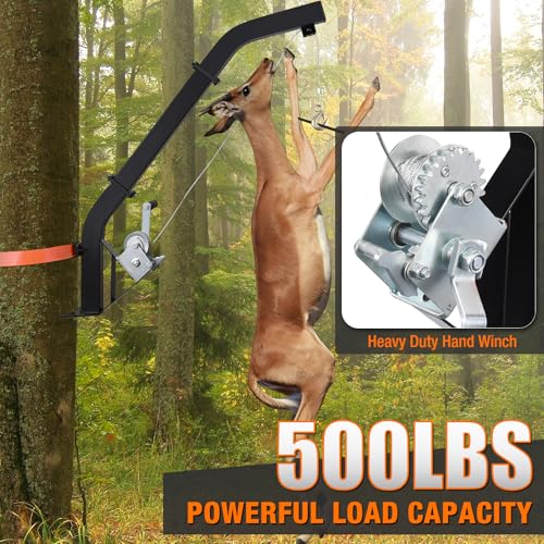 Heavy Duty Tree Mounted Deer Hoist with Winch & 23ft Steel Cable - Game Skinning & Field Dressing Equipment