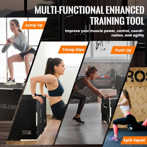 CAELUM 3-in-1 Black Wooden Plyometric Jump Box - 24 x 20 x 16 inches, Non-Slip Gym Equipment