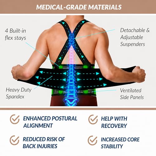 Back Support Belt with Suspenders - Medium, Black, Lumbar Brace for Heavy Lifting