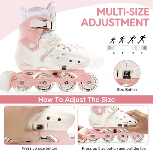 Pink Adjustable Inline Skates for Kids & Adults with Light-Up Wheels & Brake - XLarge Youth & Adult