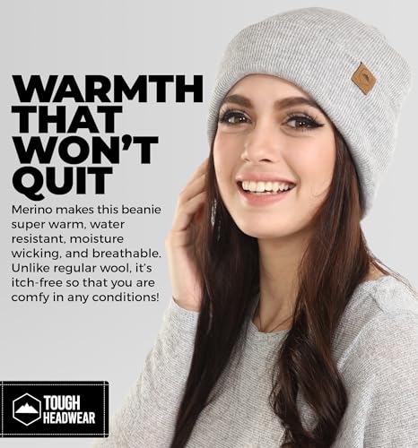Tough Headwear Merino Wool Beanie - Light Gray One Size Winter Hat for Women & Men