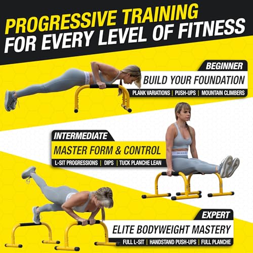 Yellow Parallette Push Up Bars for Strength & Gymnastics - Home & Garage Workout