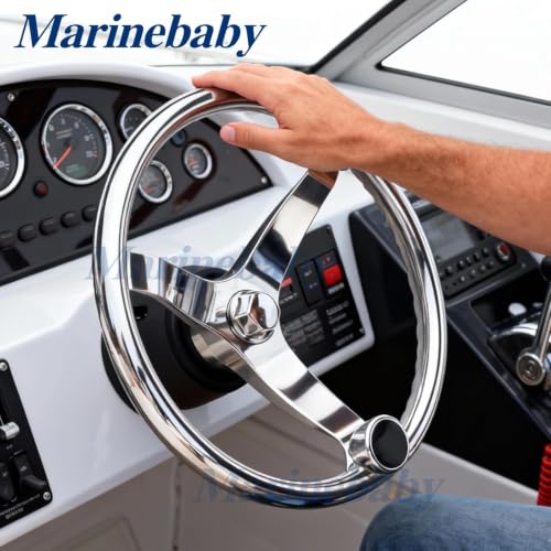 Marine Stainless Steel Boat Steering Wheel 13.5 Inch with 3 Spokes & Nut - SeaStar & Verado Compatible