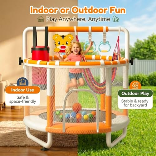 55-Inch Kids Mini Trampoline with Net & Adjustable Bar - White, Heavy Duty Steel Indoor Outdoor Play Gym