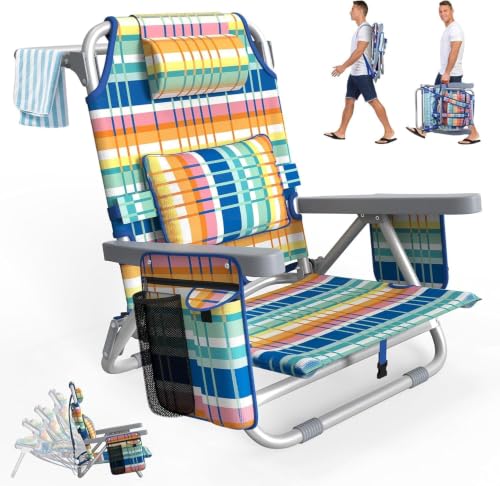 Suteck 5-Position Adjustable Foldable Beach Chair with Cooler Bag - Blue & Yellow
