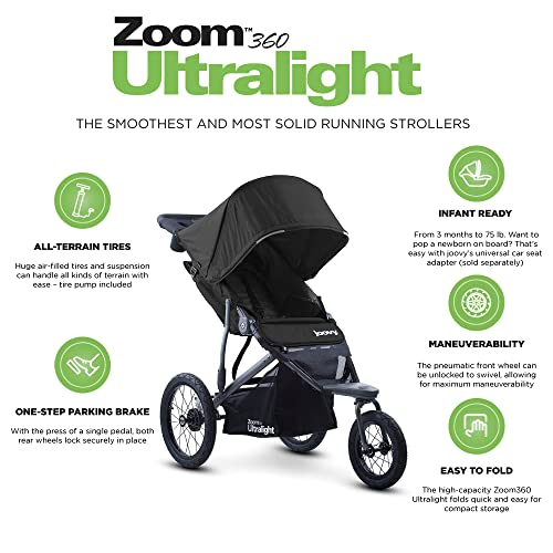Joovy Zoom360 Ultralight Jogging Stroller Black – Lightweight, Foldable Baby Jogging Stroller with Parent Organizer
