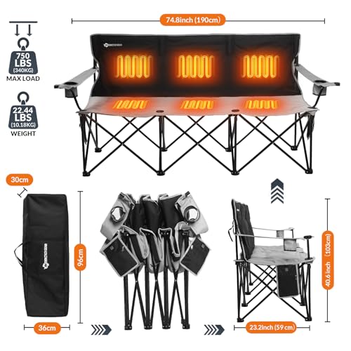 ANTARCTICA GEAR 3-Person Heated Camping Chair with Battery Pack - Heavy-Duty Foldable Outdoor Seat