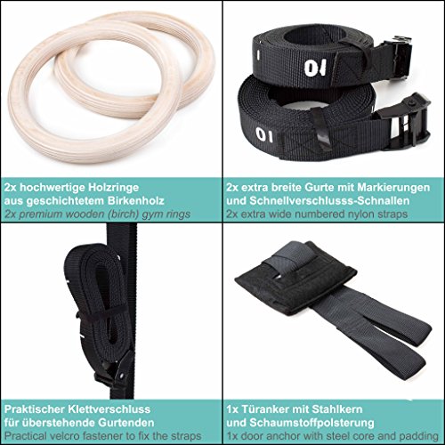 Pullup & Dip Wooden Gymnastic Rings Set with Wide Straps & Door Anchor - Calisthenics & Crossfit Equipment for Indoor & Outdoor Training
