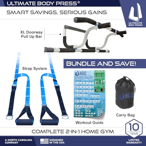 Ultimate Body Press XL Doorway Pull Up Bar & Strap System - Adjustable Width, No-Drill Fitness Equipment