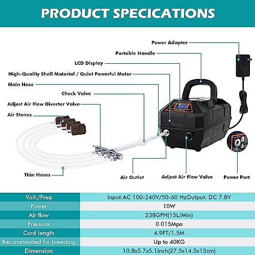 Hygger Rechargeable Aquarium Pond Air Pump 238GPH Quiet Adjustable Flow with Hose & Check Valve