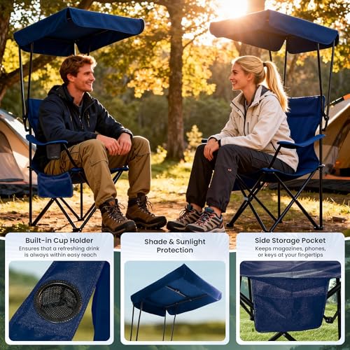 Foristrail Navy Blue 2-Pack Folding Camping Chairs with Canopies & Cup Holders