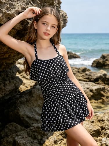 Kids Girl Bikini Set Halter Neck Polka Dots Cover Up Skirt Bathing Suit Size 11-12 Years Black
