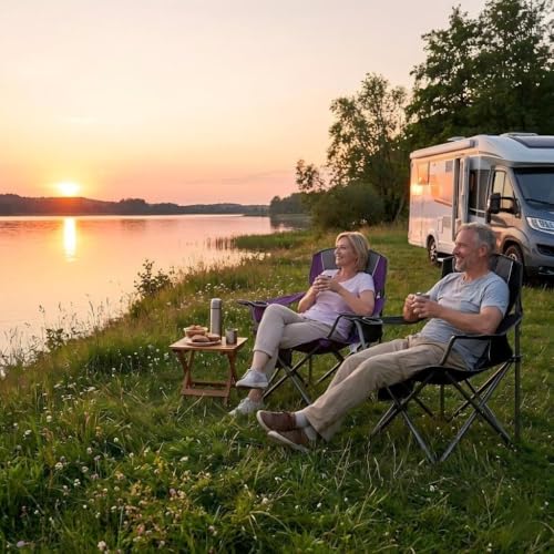 Purple & Black 2 Pack Padded Camping Chairs with Cooler Bag & Cup Holder - Heavy Duty Support 400 lbs