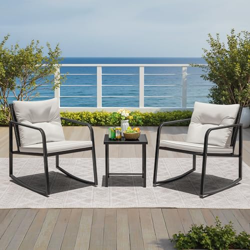Greesum 3-Piece Beige Rocking Wicker Bistro Set for Patio Outdoor Furniture