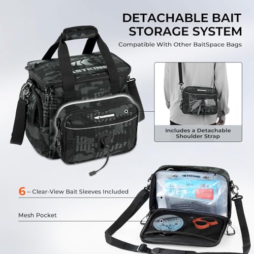 KastKing BaitSpace Tackle Bag with Removable Bait Binder - Black Camo, Medium