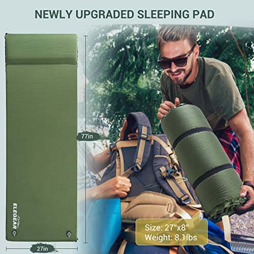 Elegear Army Green Self-Inflating Sleeping Pad with Pillow 26D Memory Foam, 3.15'' Thick, Single