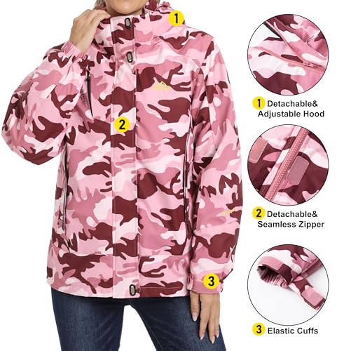 Women's 3-in-1 Pink Camo Winter Ski Coat Waterproof Windproof Fleece Lined Parka