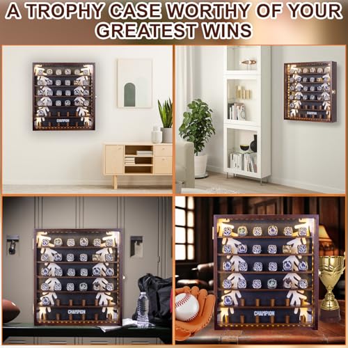 Wooden Championship Ring Display Case with LED Lights, Wall Mount, Holds 36 Rings