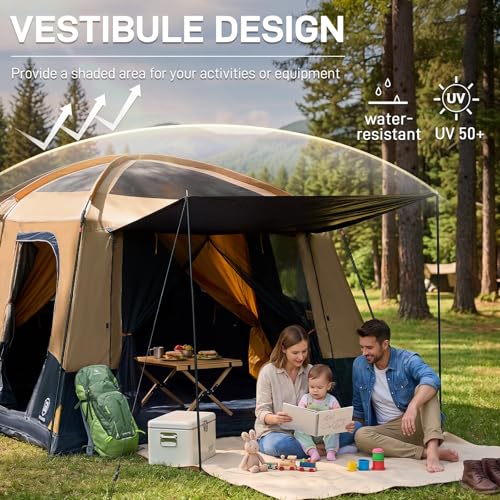 8 Person Camping Blackout Tent with Dark Interior and Room Divider - Orange