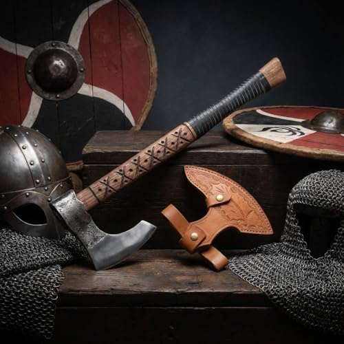 Ragnar Ax - Handmade Viking Battle Axe with Leather Sheath, 19'' Camping & Survival Hatchet
