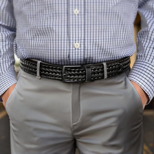 Black Braided Leather Belt for Men 1 3/8 Inch Holeless Golf Belt - Adjustable Waist 32-36 in Gift Boxed