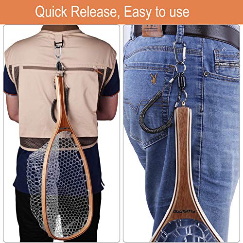 PLUSINNO Fly Fishing Landing Net Wooden Handle with Magnetic Release - Straight Handle
