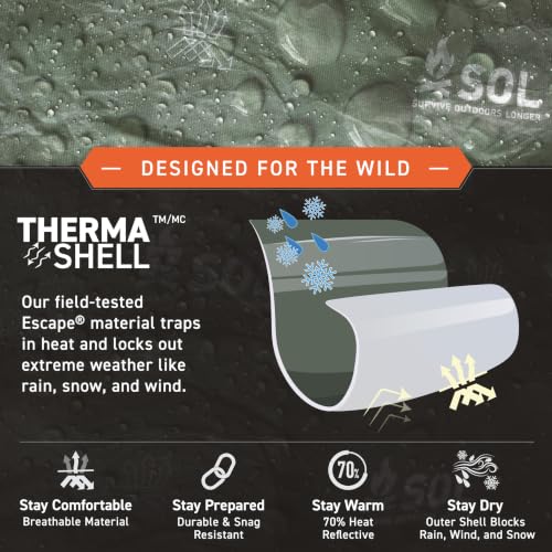 SOL Escape Bivvy with Hood 60 gsm Emergency Survival Blanket Reflects 70% Body Heat Water Resistant Green