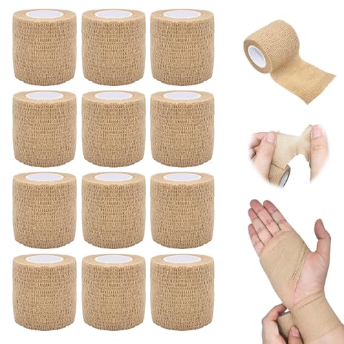 Skin Color Cohesive Bandage Wrap 2 Inch x 5 Yards - 12 Pack Self Adhesive Athletic Tape for Injury Recovery & First Aid