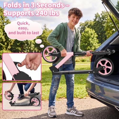 Pink Kids & Teen Foldable Kick Scooter - Lightweight 9.5 lbs, 8-Inch PU Wheels, Adjustable Height, Supports 240 lbs