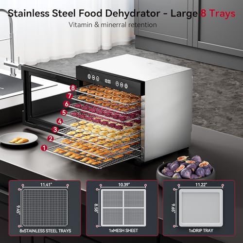 Food Dehydrator Machine with 8 Stainless Steel Trays, Adjustable Temp & Timer