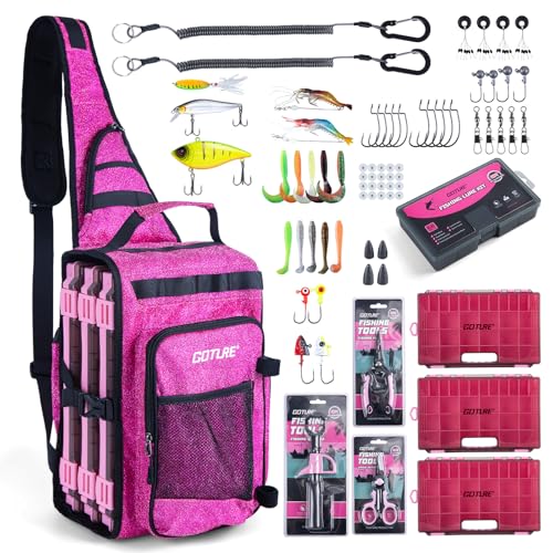 Goture Large Pink Tackle Bag with 3 Tackle Boxes, Fishing Tools & Storage Backpack