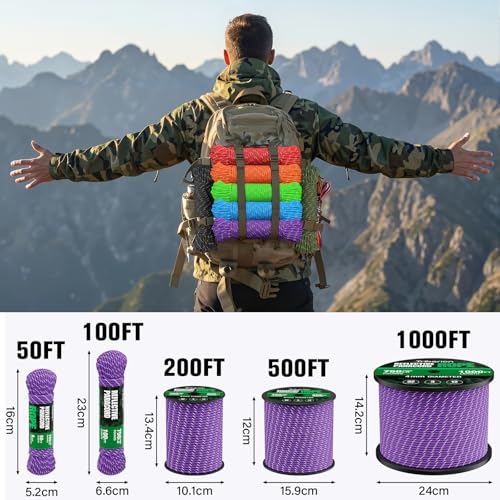 Reflective Paracord Rope 750 lb - 1000ft Heavy Duty Camping & Survival Cord - Purple