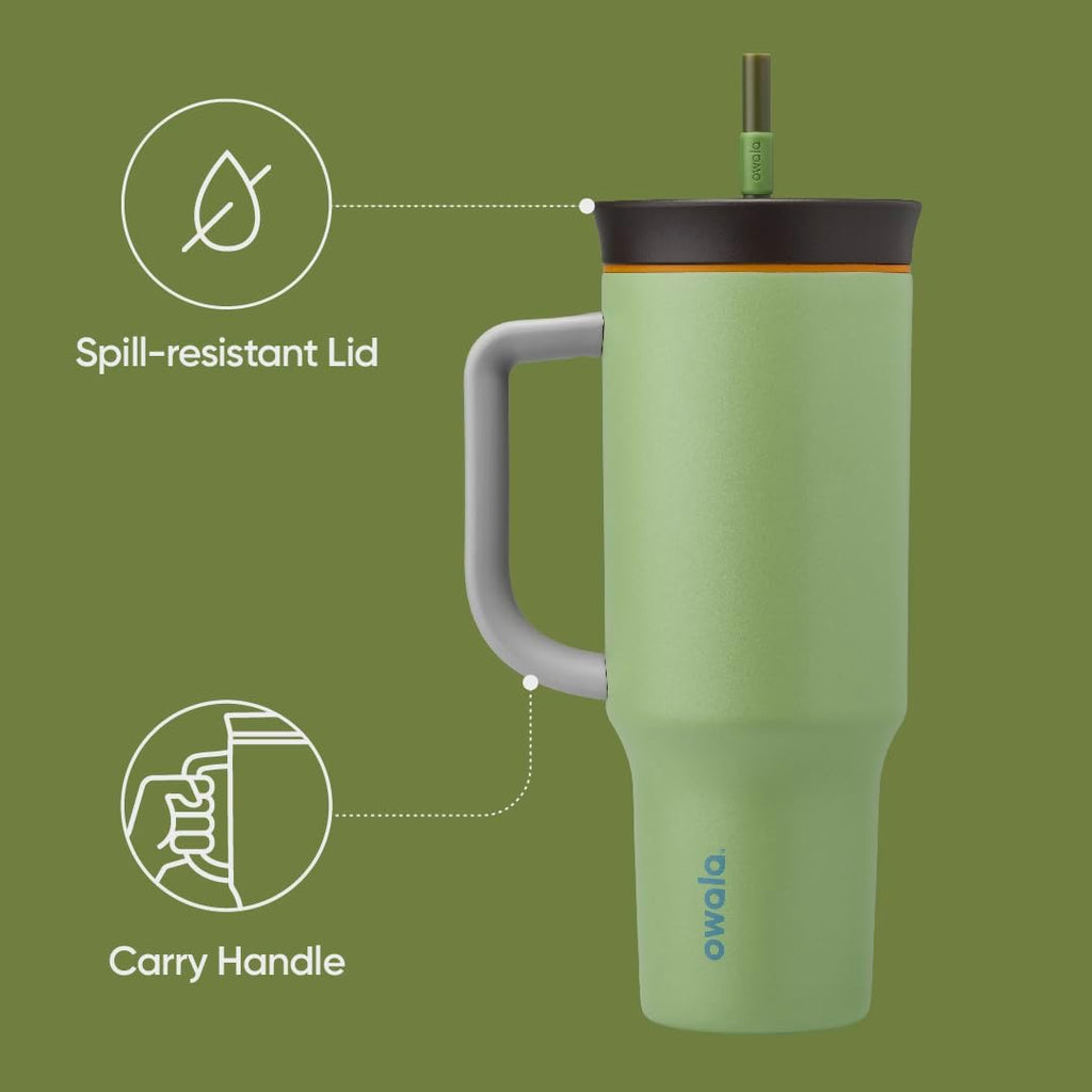 Owala 40 oz Stainless Steel Travel Tumbler - Triple Layer Insulation, Spill-Resistant Lid & Straw, Green