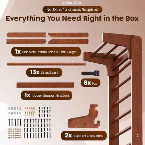 Walnut Swedish Ladder Wall Bars with Adjustable Pull-Up & Dip Station