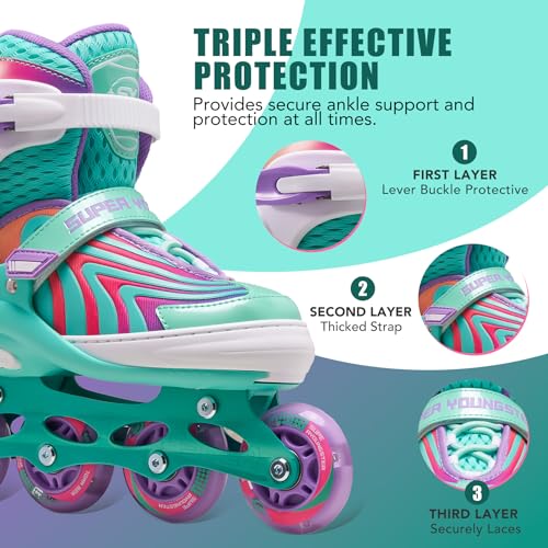 Super Youngster Adjustable Light Up Inline Skates for Kids Girls Mint Green 1-4 US