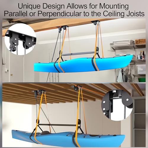 Garage Ceiling Kayak Hoist System with Pulleys for Watercraft Storage