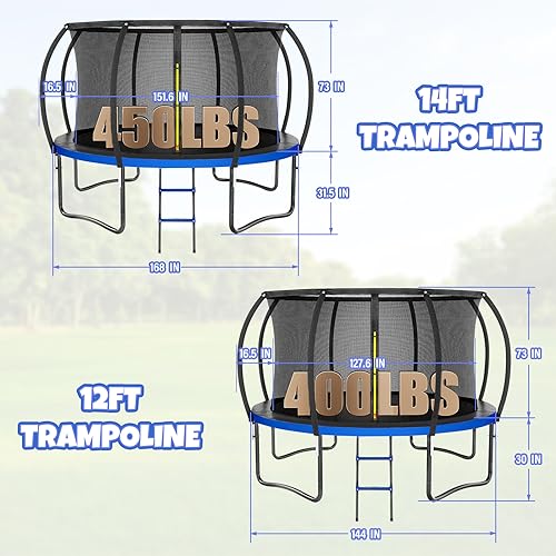12/14/16FT Outdoor Trampoline with Safety Enclosure & Basketball Hoop - Kids & Adults Backyard Recreation