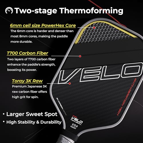 VELO PICKLEBALL Professional 3K Carbon Fiber Paddle with Spin & Control