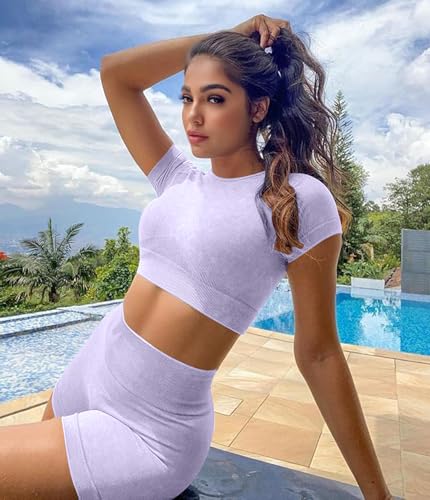 Women’s Acid Wash Workout Sets - Purple Medium, Crop Top & Running Shorts