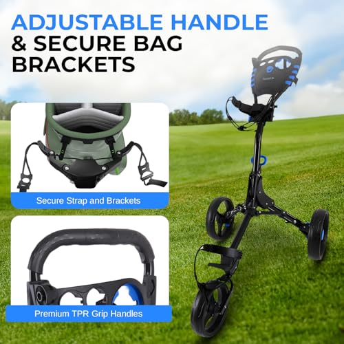 Foldable 3-Wheel Golf Push Cart with Adjustable Handle and Brake