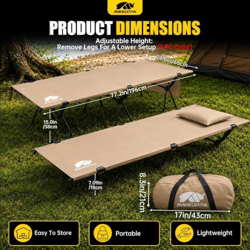 Portable Camping Cot Bed for Adults - Heavy-Duty Support with Inflatable Pillow, Khaki, 1 Pack
