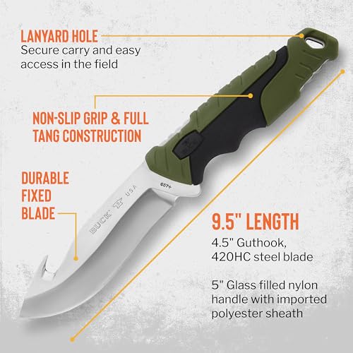 Buck Knives Pursuit Series Large Guthook Knife, Green, 4.5-inch Blade